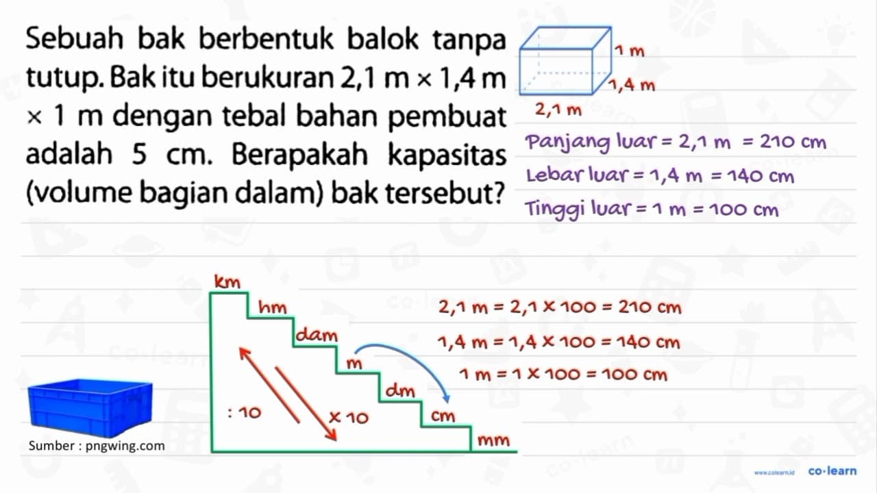 Sebuah bak berbentuk balok tanpa tutup. Bak itu berukuran