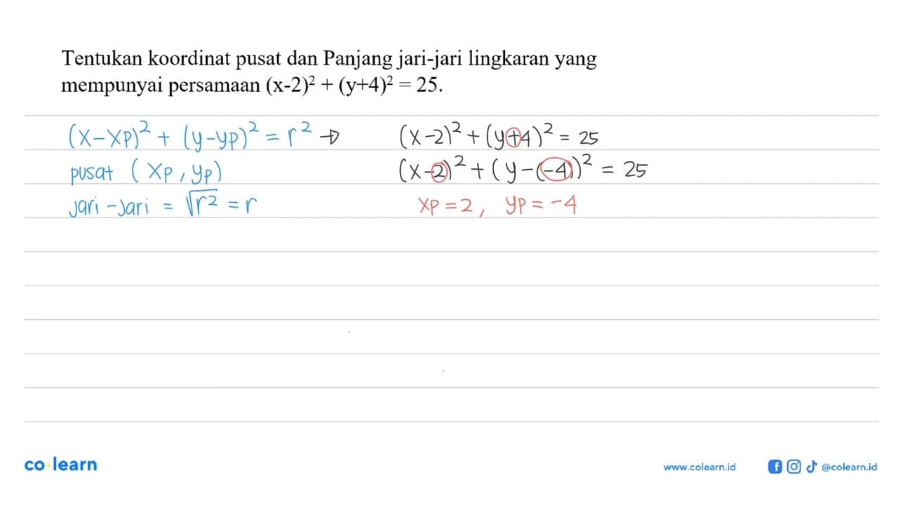 Tentukan koordinat pusat dan Panjang jari-jari lingkaran