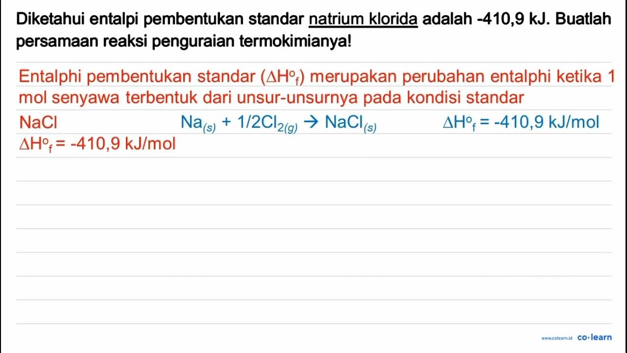 Diketahui entalpi pembentukan standar natrium klorida