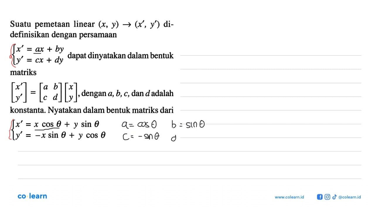 Suatu pemetaan linear (x,y)->(x',y') didefinisikan dengan