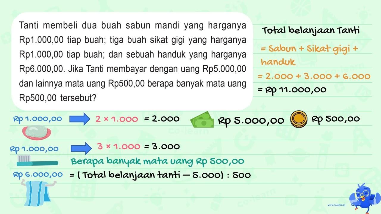 Tanti membeli dua buah sabun mandi yang harganya Rp1.000,00