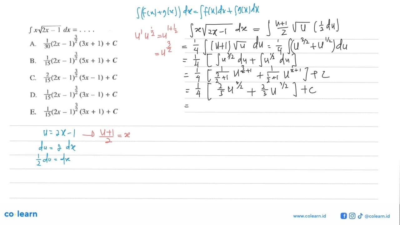 integral x akar(2x-1) dx=....