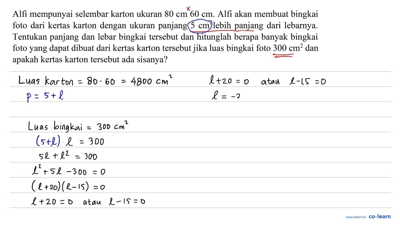 Alfi mempunyai selembar karton ukuran 80 cm 60 cm . Alfi