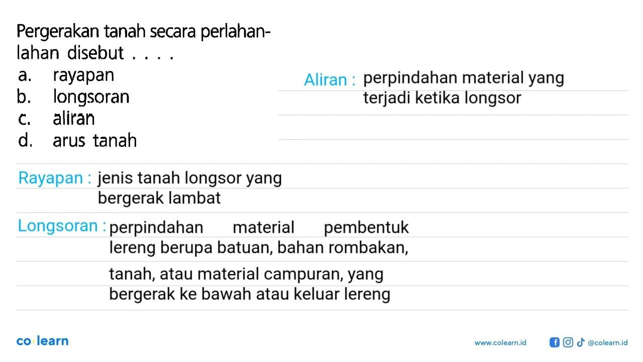 Pergerakan tanah secara perlahan-lahan disebut.... a.