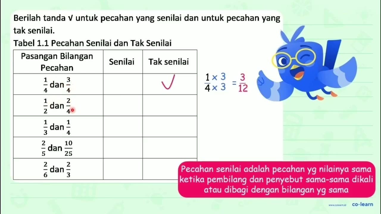 Berilah tanda v untuk pecahan yang senilai dan untuk