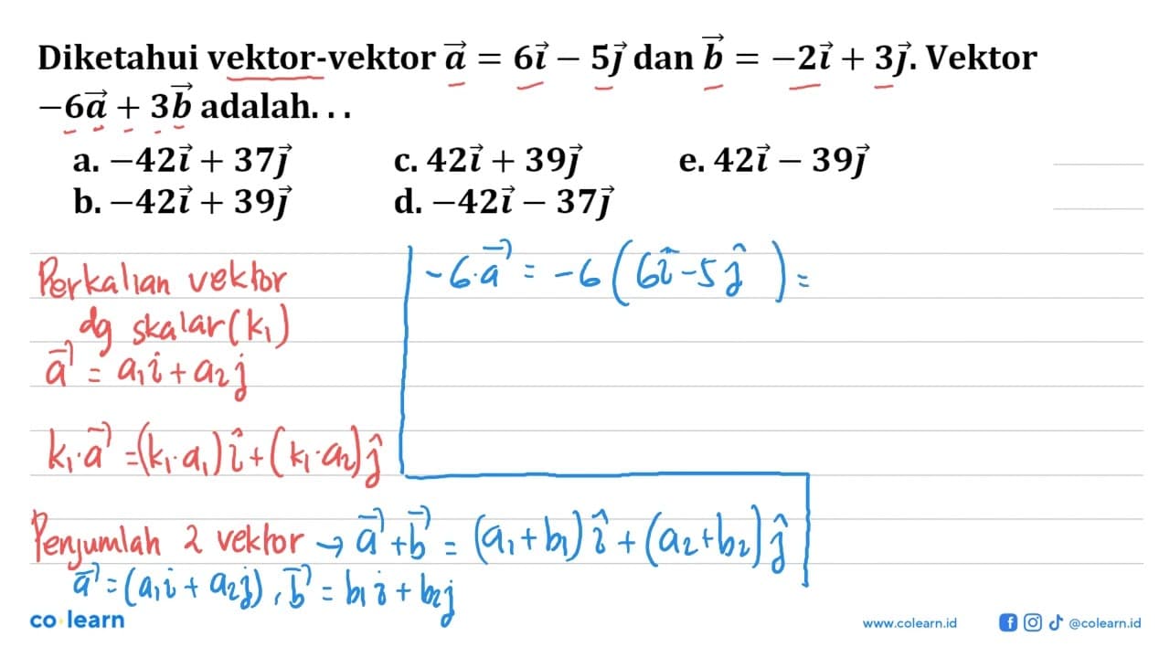 Diketahui vektor-vektor a=6i-5j dan b=-2i+3j. Vektor -6a+3b