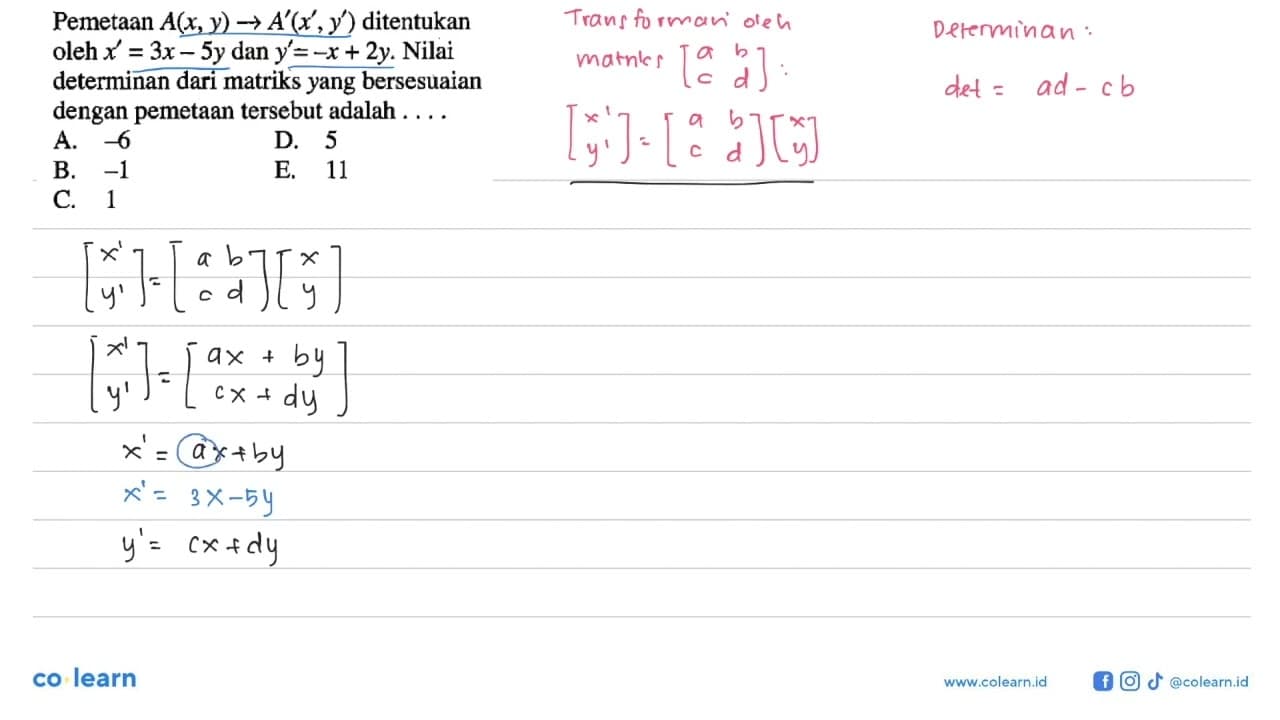 Pemetaan A(x,y)->A'(x',y') ditentukan oleh x'=3x-5y dan