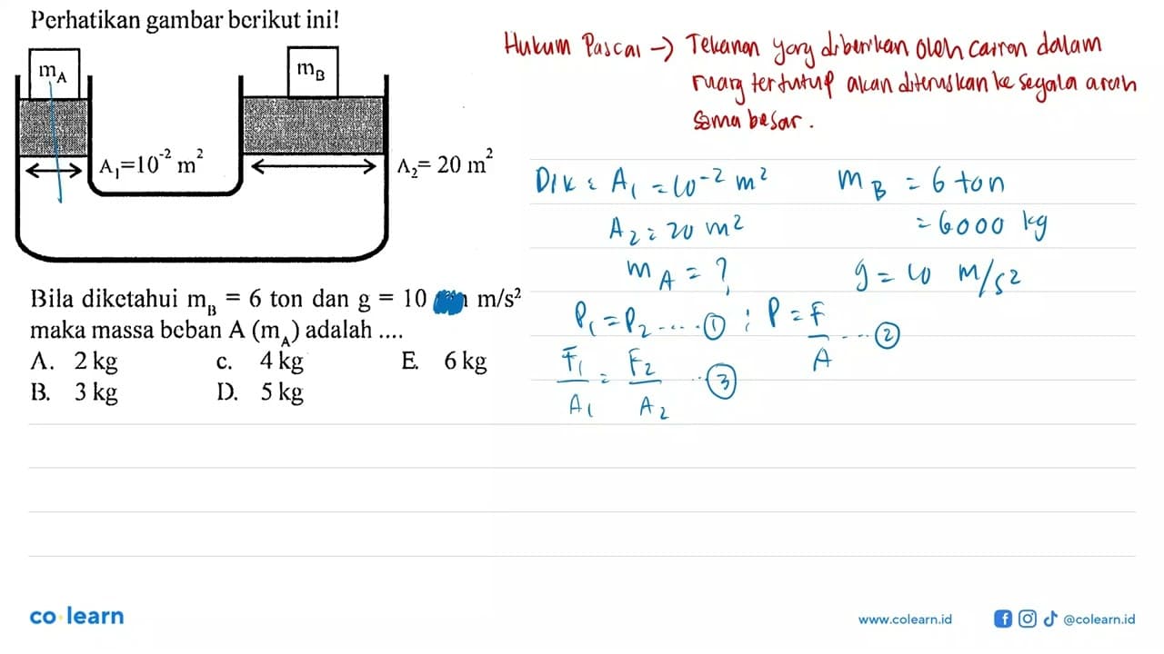 Perhatikan gambar berikut ini! mA mB A1=10^(-2) m^2 A2=20