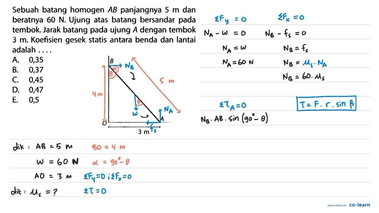 Sebuah batang homogen A B panjangnya 5 m dan beratnya 60 N