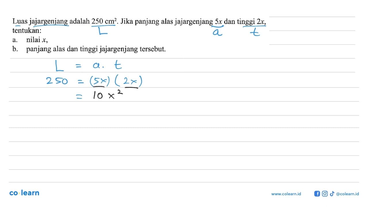 Luas jajargenjang adalah 250 cm^2. Jika panjang alas