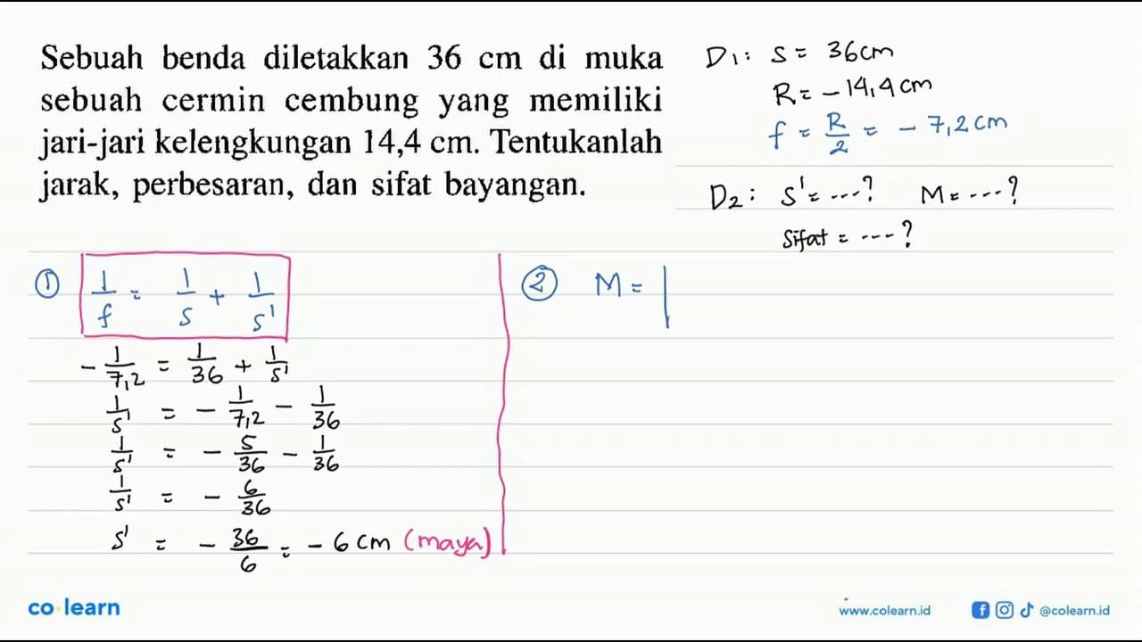 Sebuah benda diletakkan 36 cm di muka sebuah cermin cembung