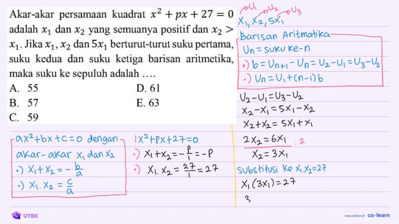 Akar-akar persamaan kuadrat x^(2)+p x+27=0 adalah x_(1) dan