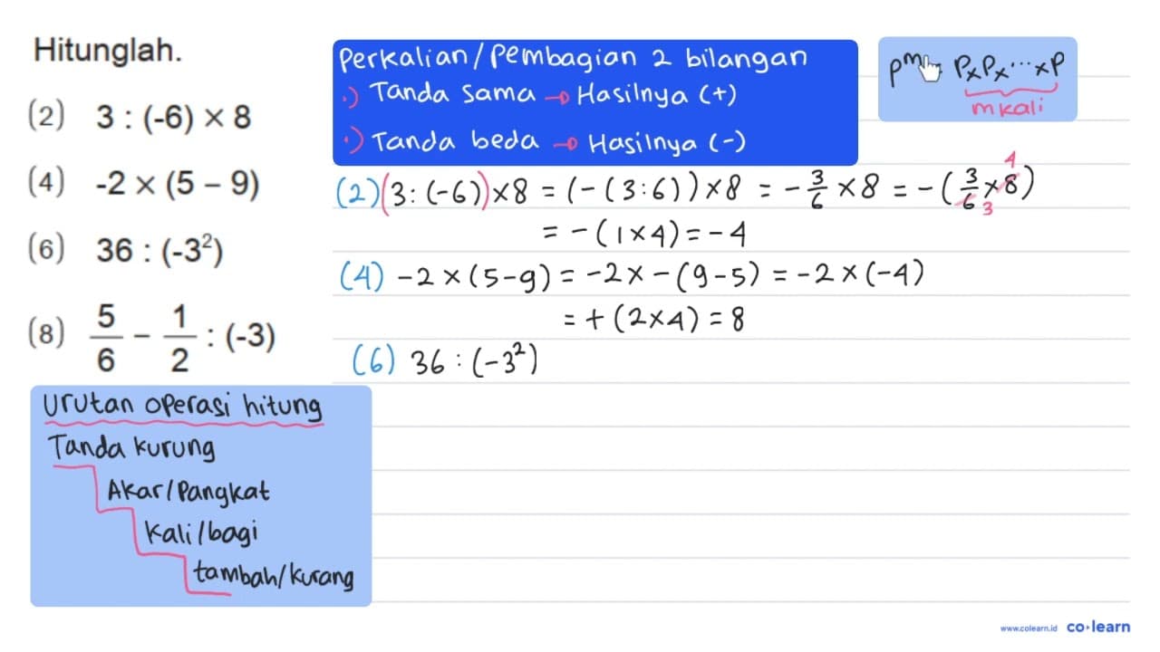 Hitunglah. (2) 3 : (-6) x 8 (4) -2 x (5 - 9) (6) 36 :