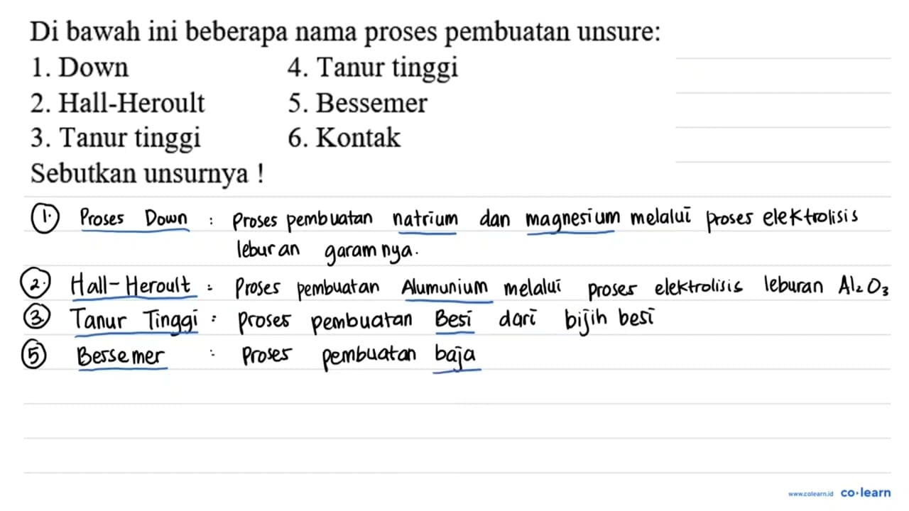 Di bawah ini beberapa nama proses pembuatan unsure: 1. Down