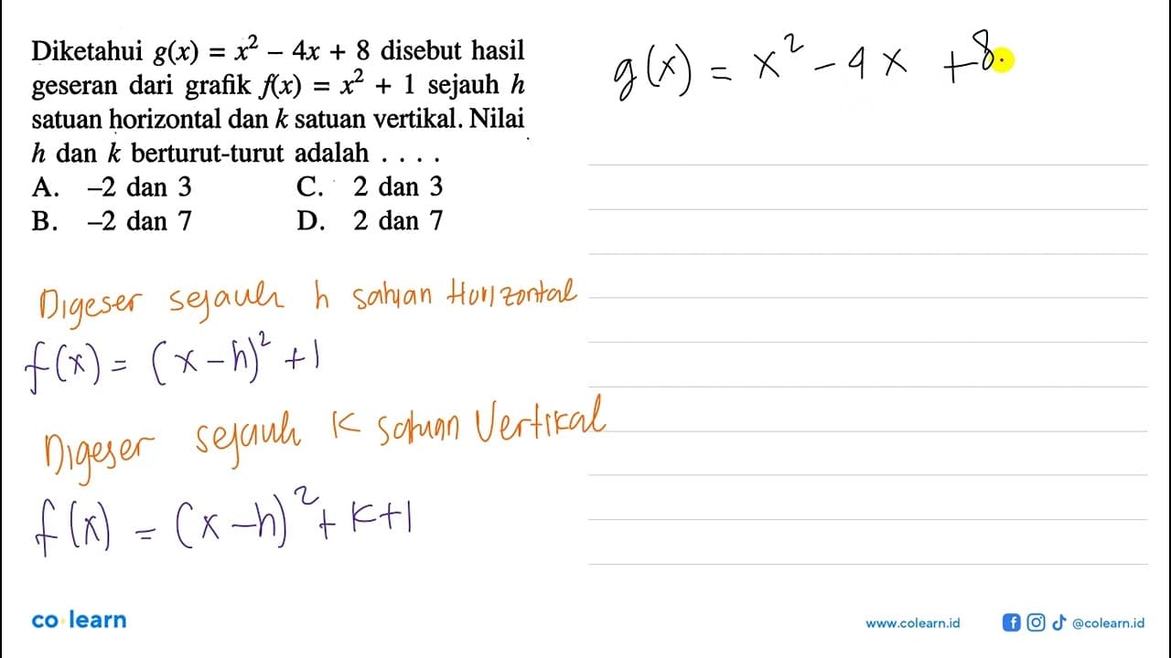 Diketahui g(x) = x^2 - 4x + 8 disebut hasil geseran dari