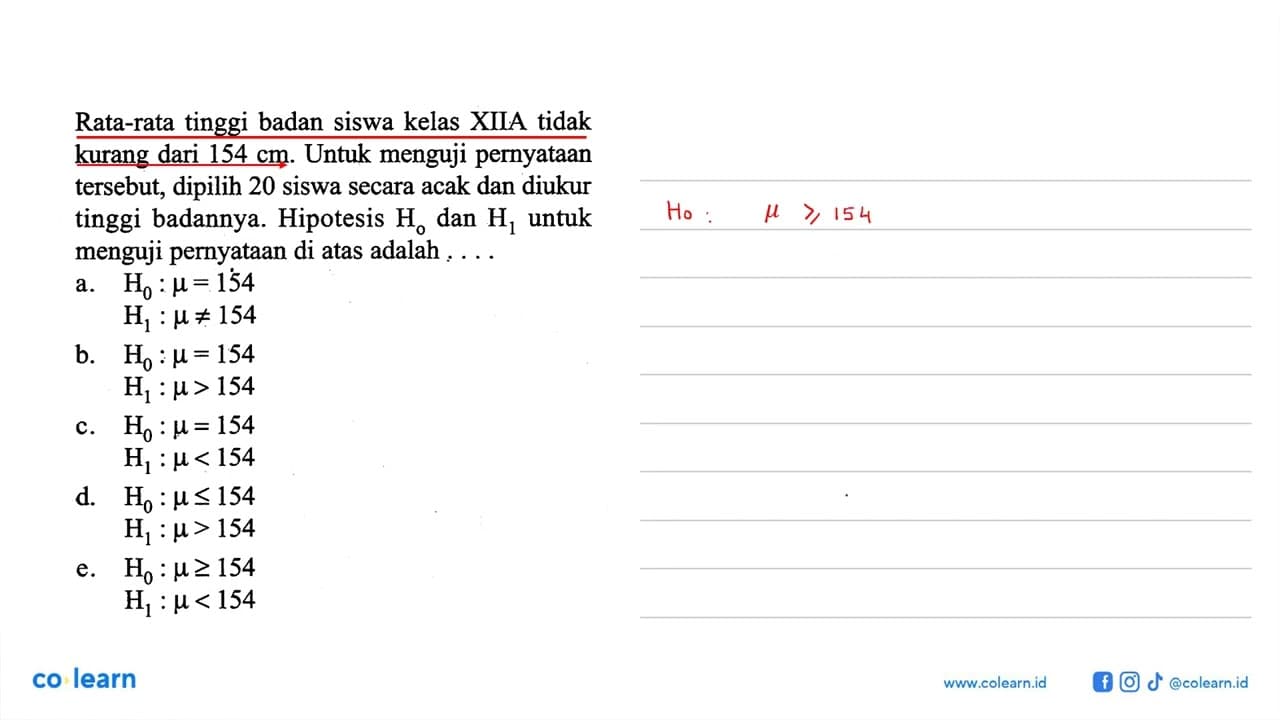 Rata-rata tinggi badan siswa kelas XIIA tidak kurang dari