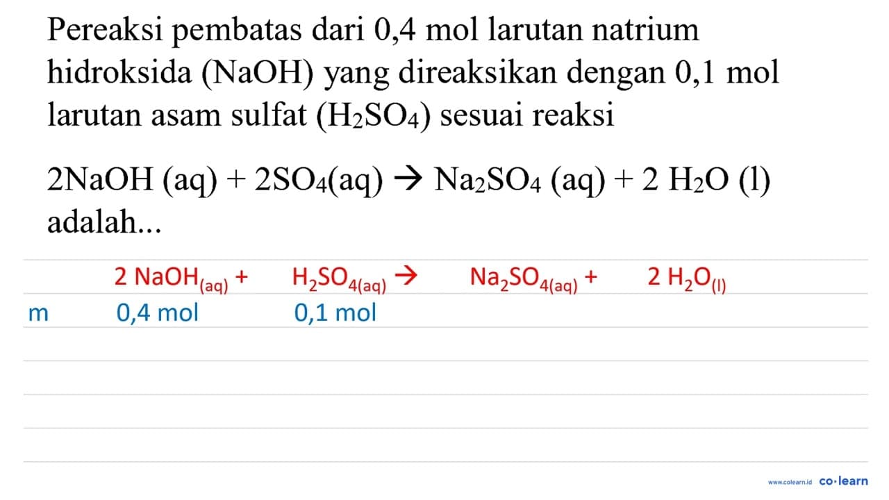 Pereaksi pembatas dari 0,4 mol larutan natrium hidroksida