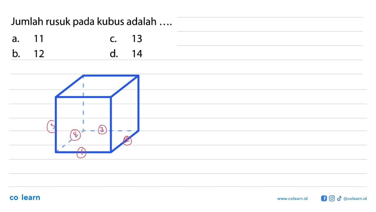 Jumlah rusuk pada kubus adalah 11 13 a. C. b_ 12 d_ 14