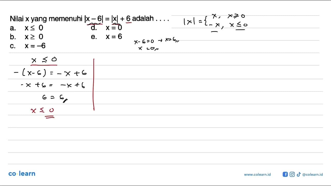 Nilai x yang memenuhi |x-6| = |x| + 6 adalah