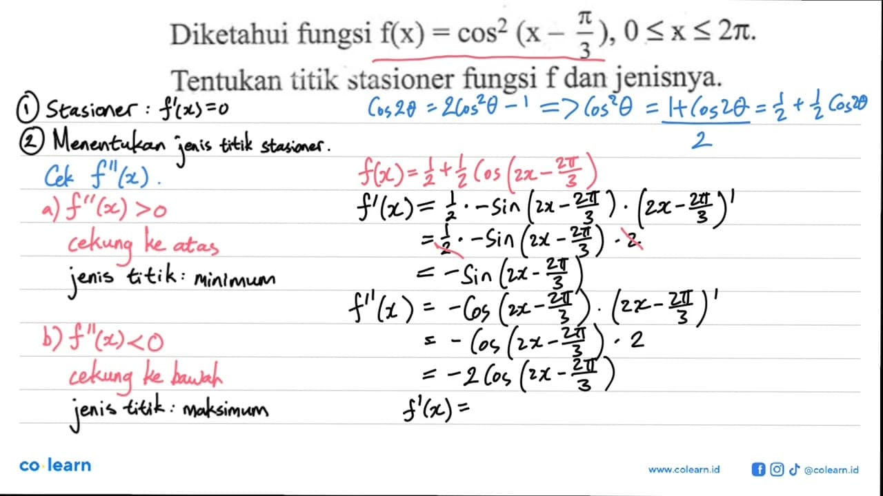 Diketahui fungsi f(x)=cos^2(x-pi/3), 0 <= x <= 2