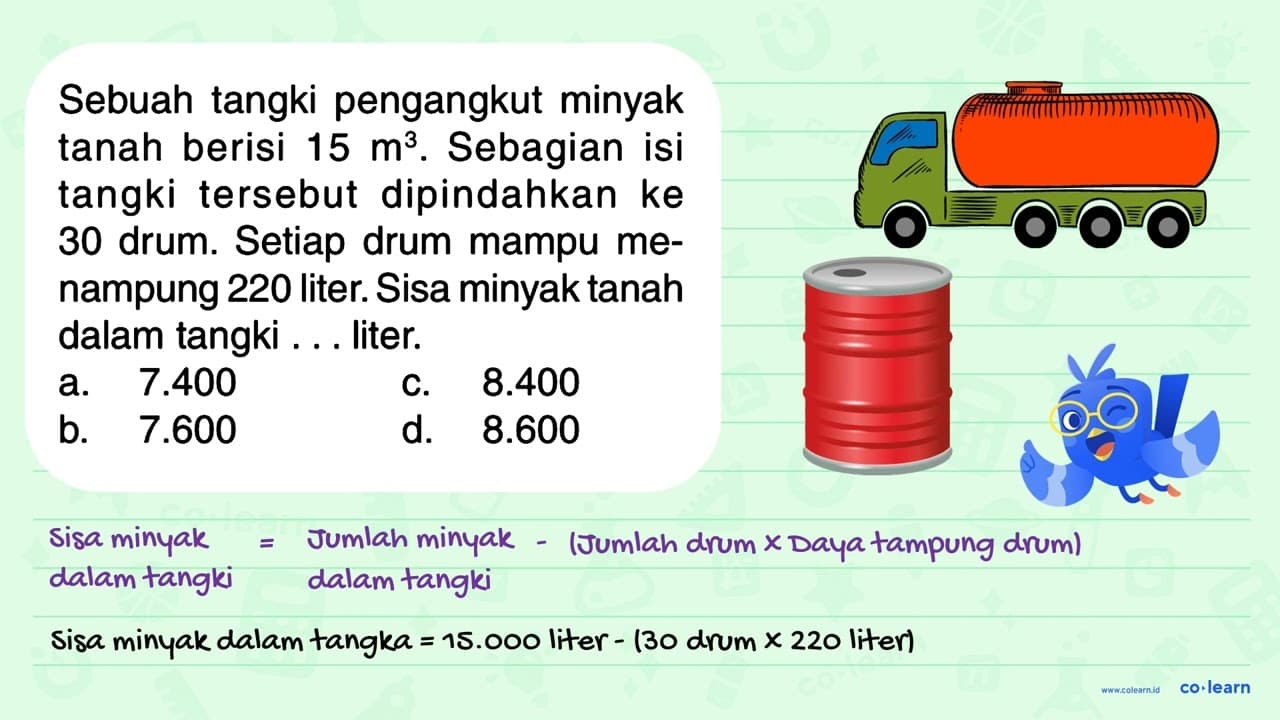 Sebuah tangki pengangkut minyak tanah berisi 15 m^3.