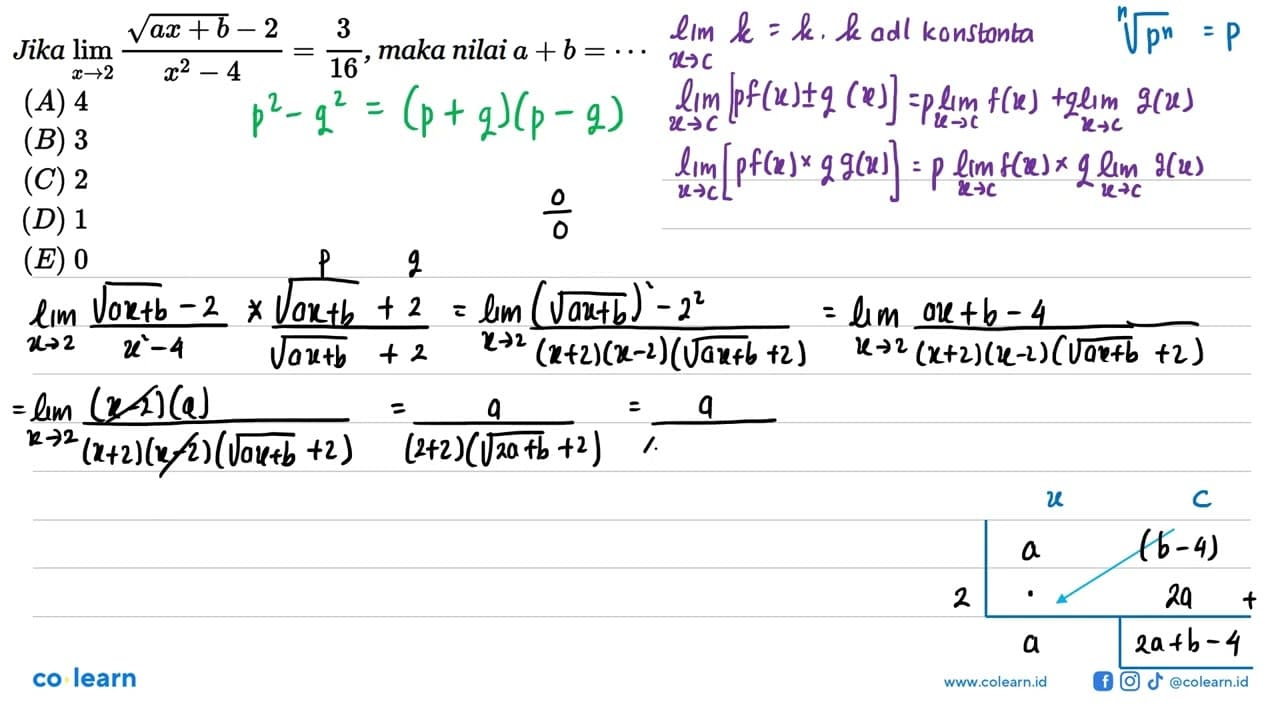 Jika lim x->2 (akar(ax+b)-2)/(x^2-4)=3/16, maka nilai