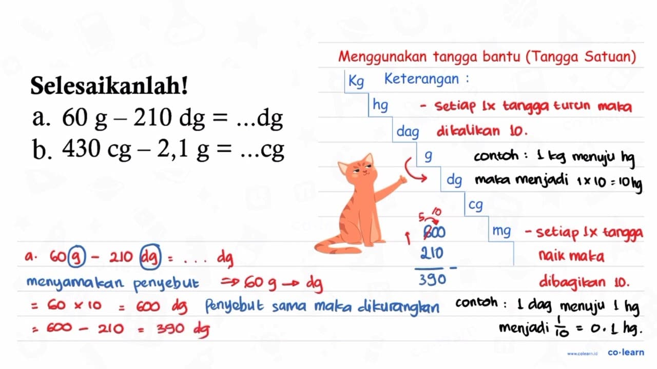 Selesaikanlah! a. 60 g-210 dg=... dg b. 430 cg-2,1 g=... cg