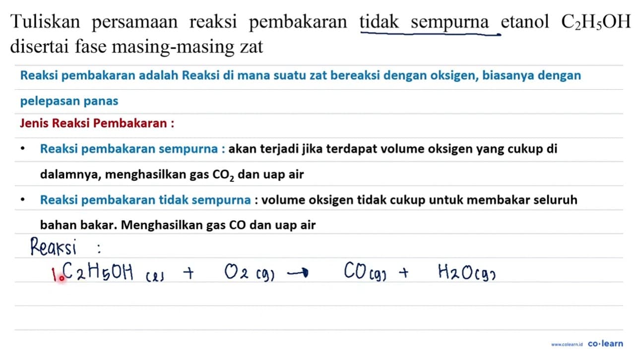 Tuliskan persamaan reaksi pembakaran tidak sempurna etanol