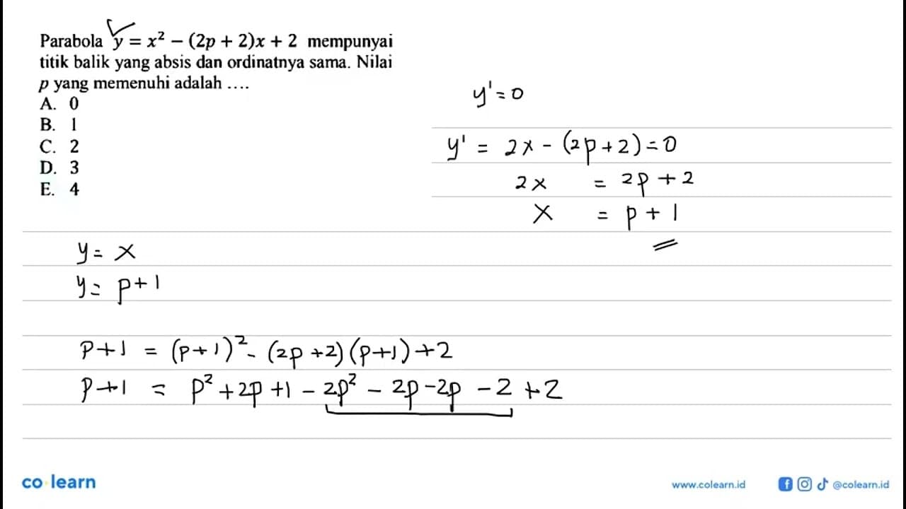 Parabola y = x^2 - (2p + 2)x + 2 mempunyai titik balik yang