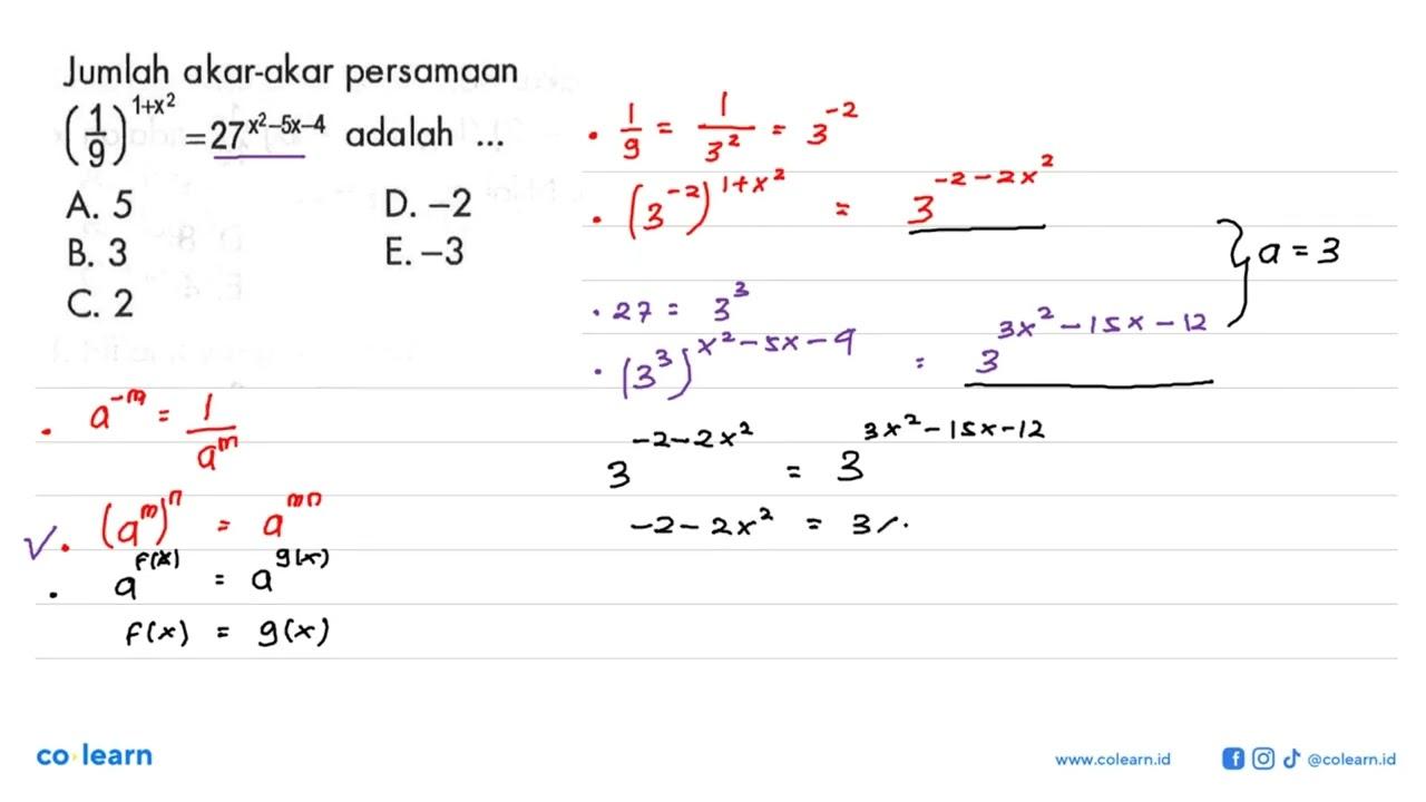 Jumlah akar-akar persamaan (1/9)^(1+x^2)=27^(x^2-5x-4)