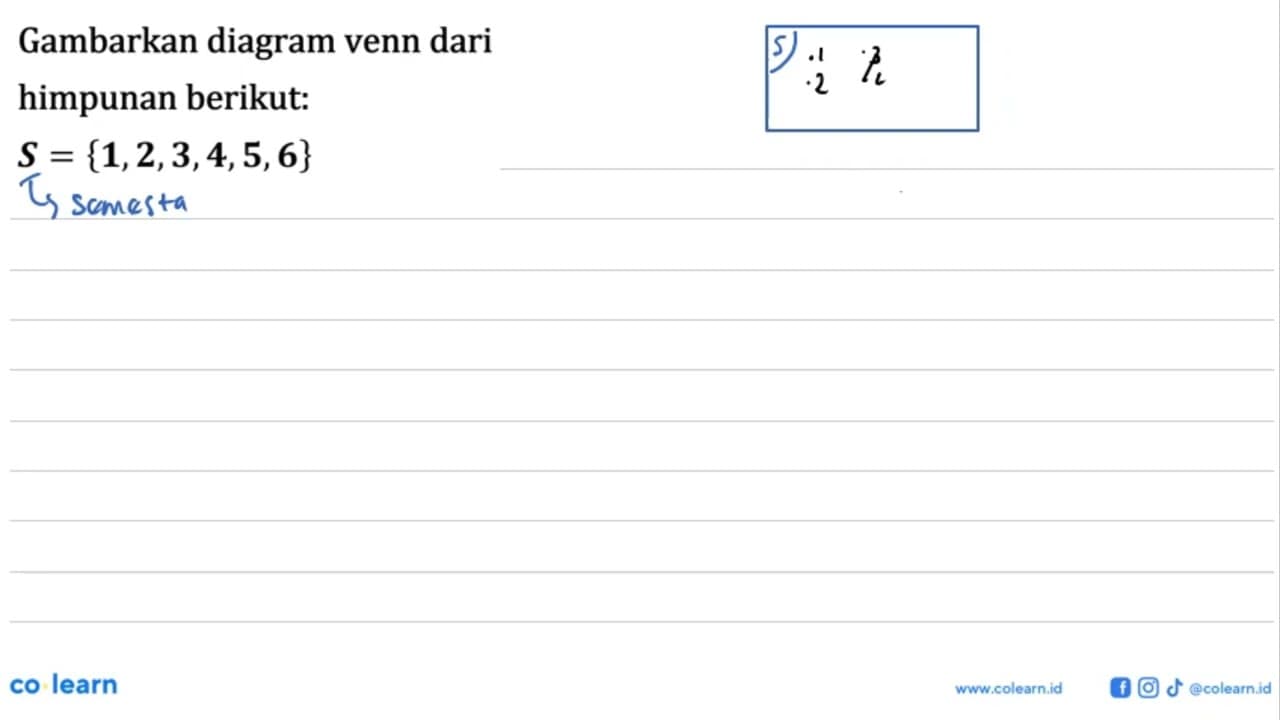 Gambarkan diagram venn dari himpunan berikut: S = {1, 2, 3,