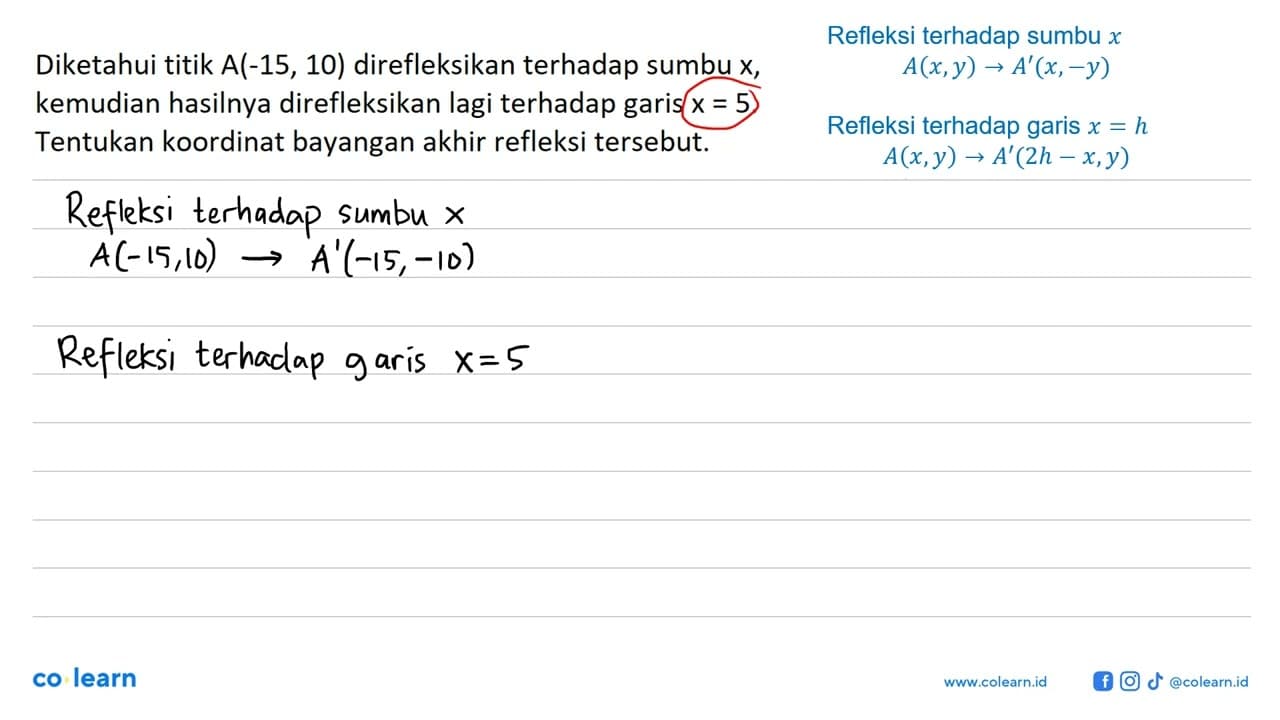 Diketahui titik A(-15, 10) direfleksikan terhadap sumbu X,