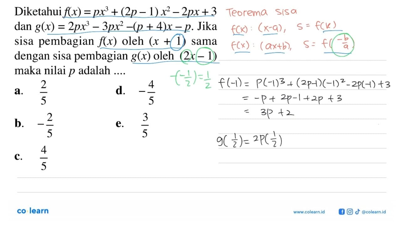 Diketahui f(x)=px^3+(2p-1)x^2-2px+3 dan