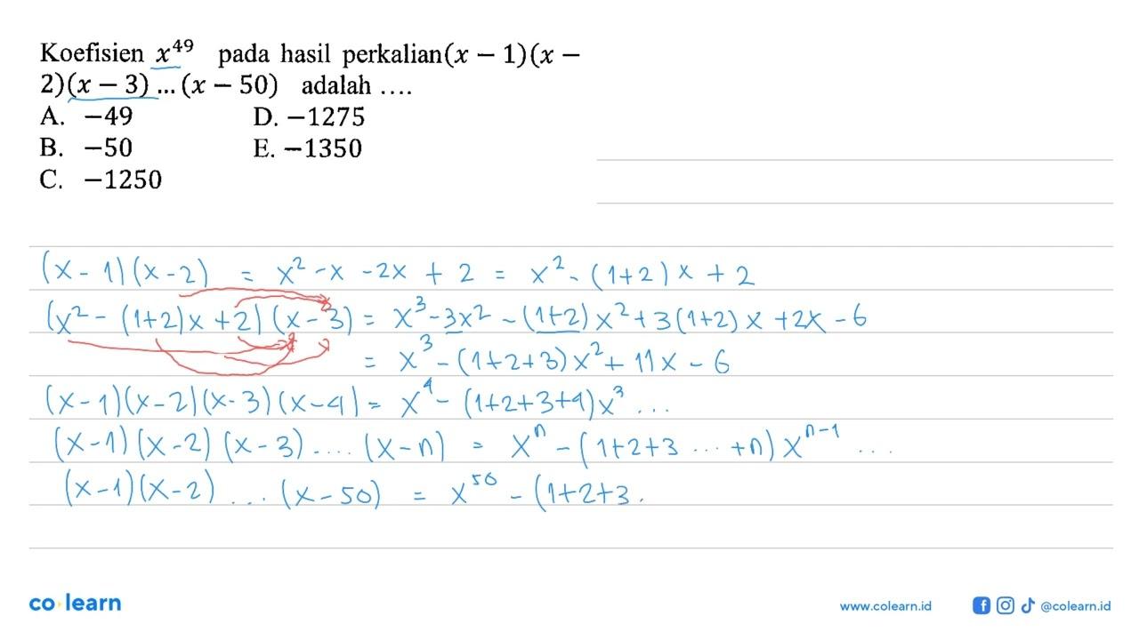 Koefisien x^49 pada hasil perkalian(x - 1)(x -2)(x-3)