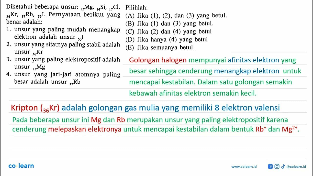 Diketahui beberapa unsur: 12 Mg, 11 Si, 17 Cl, 36 Kr, 37