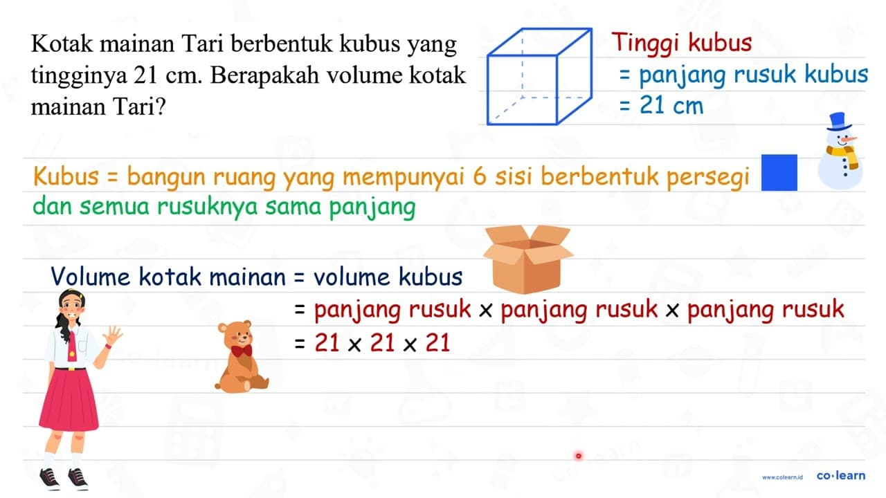 Kotak mainan Tari berbentuk kubus yang tingginya 21 cm .