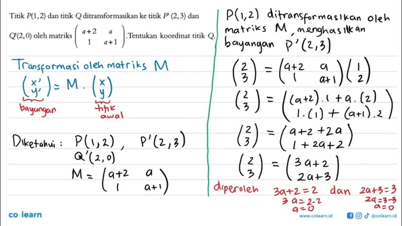 Titik P(1,2) dan titik Q ditransformasikan ke titik P'(2,3)