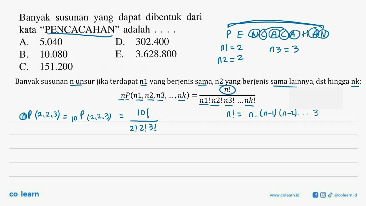 Banyak susunan yang dapat dibentuk dari kata 'PENCACAHAN'