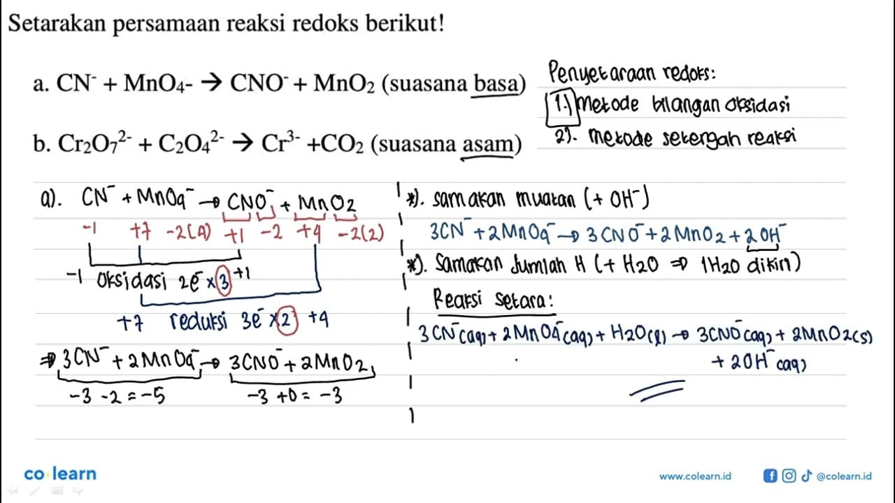 Setarakan persamaan reaksi redoks berikut ! a. CN^- +