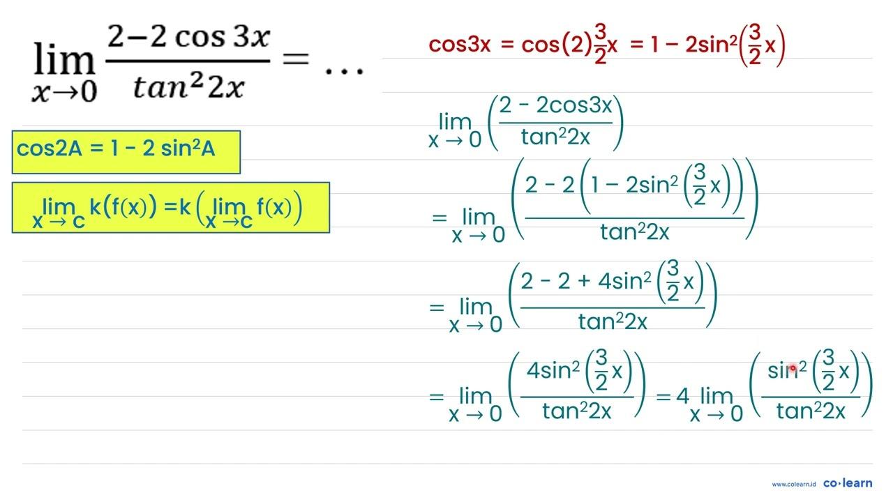 lim _(x -> 0) (2-2 cos 3 x)/(tan ^(2) 2 x)=...