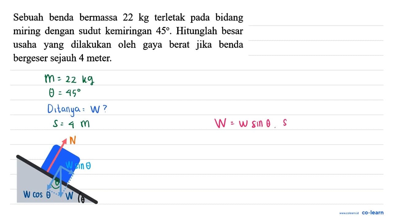 Sebuah benda bermassa 22 kg terletak pada bidang miring