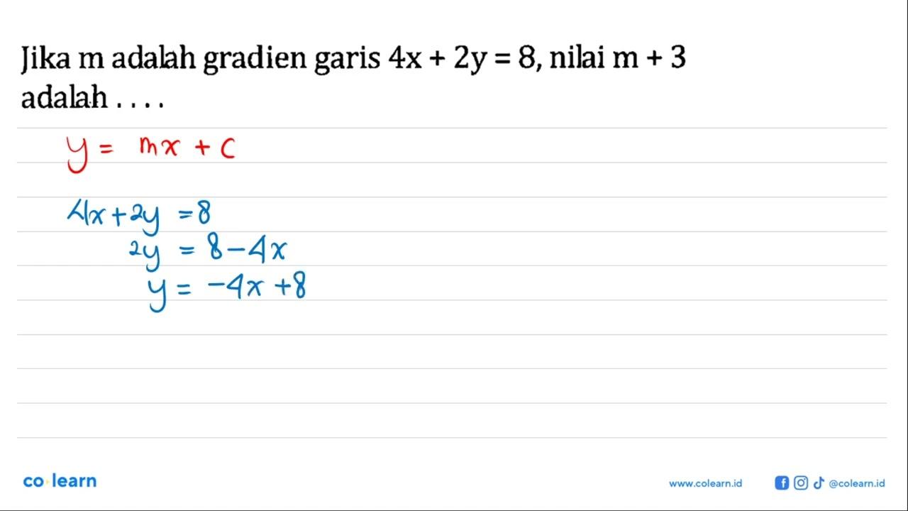 Jika m adalah gradien garis 4x + 2y = 8,nilai m + 3 adalah