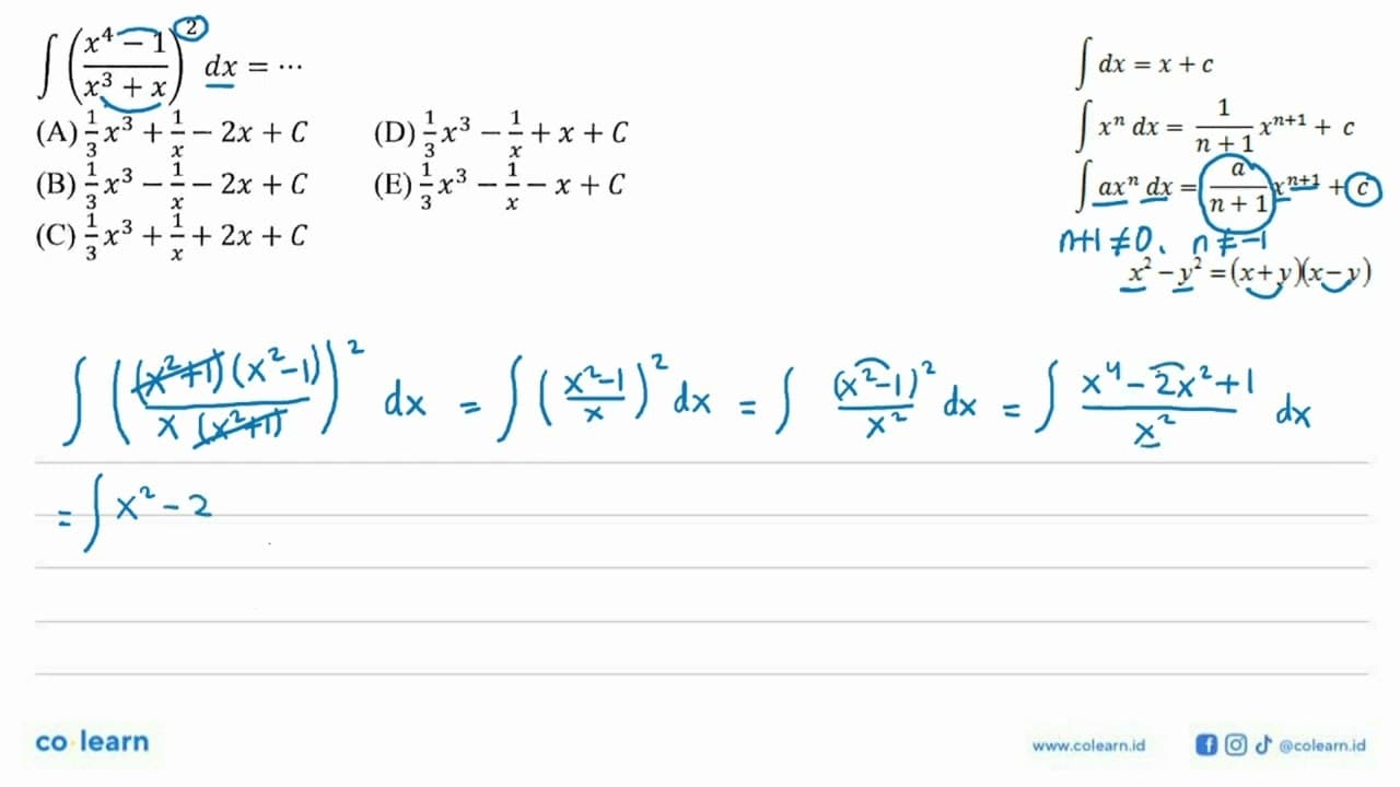 integral((x^4-1)/(x^3+x))^2 dx=...