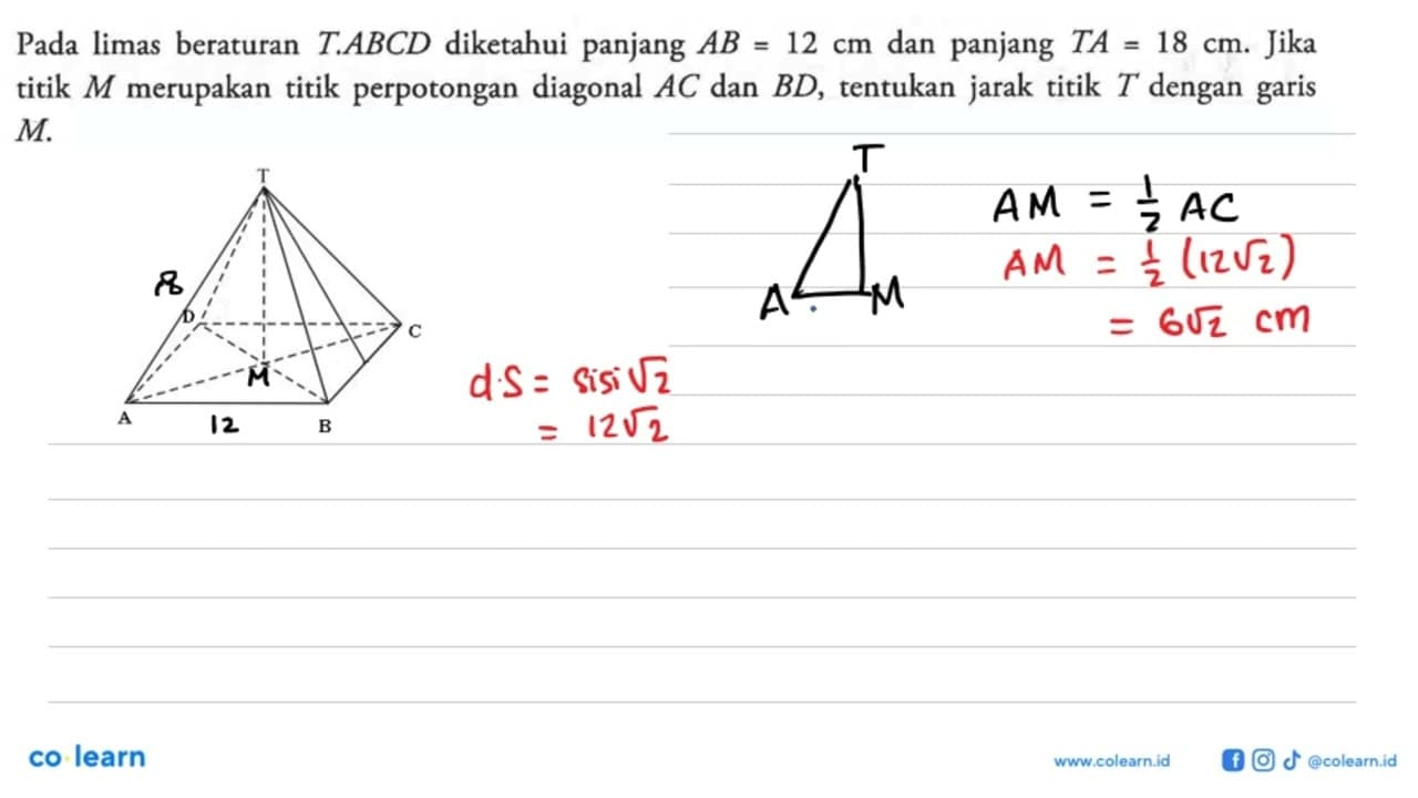 Pada limas beraturan T.ABCD diketahui panjang AB = 12 cm