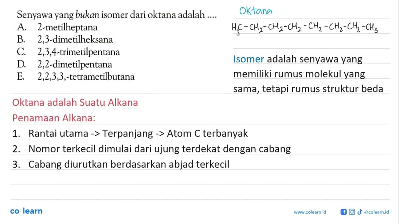 Senyawa yang bukan isomer dari oktana adalah ....