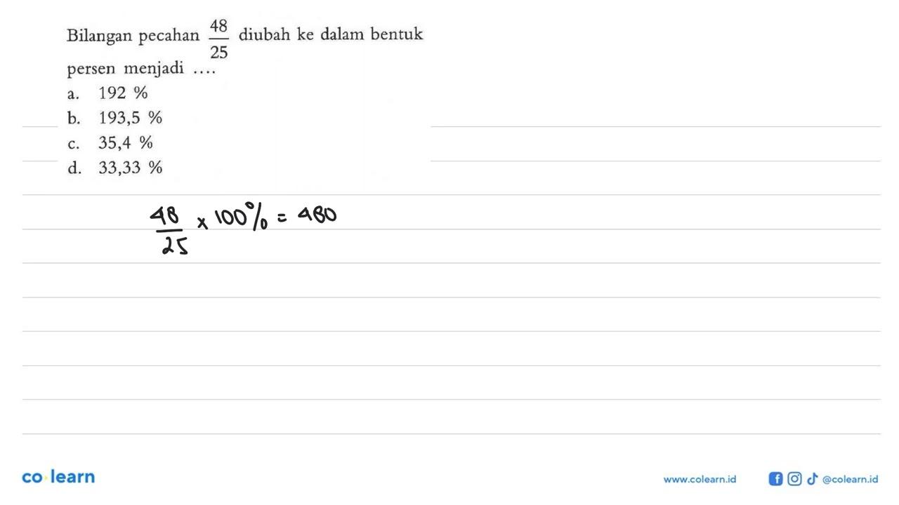 Bilangan pecahan 48/25 diubah ke dalam bentuk persen