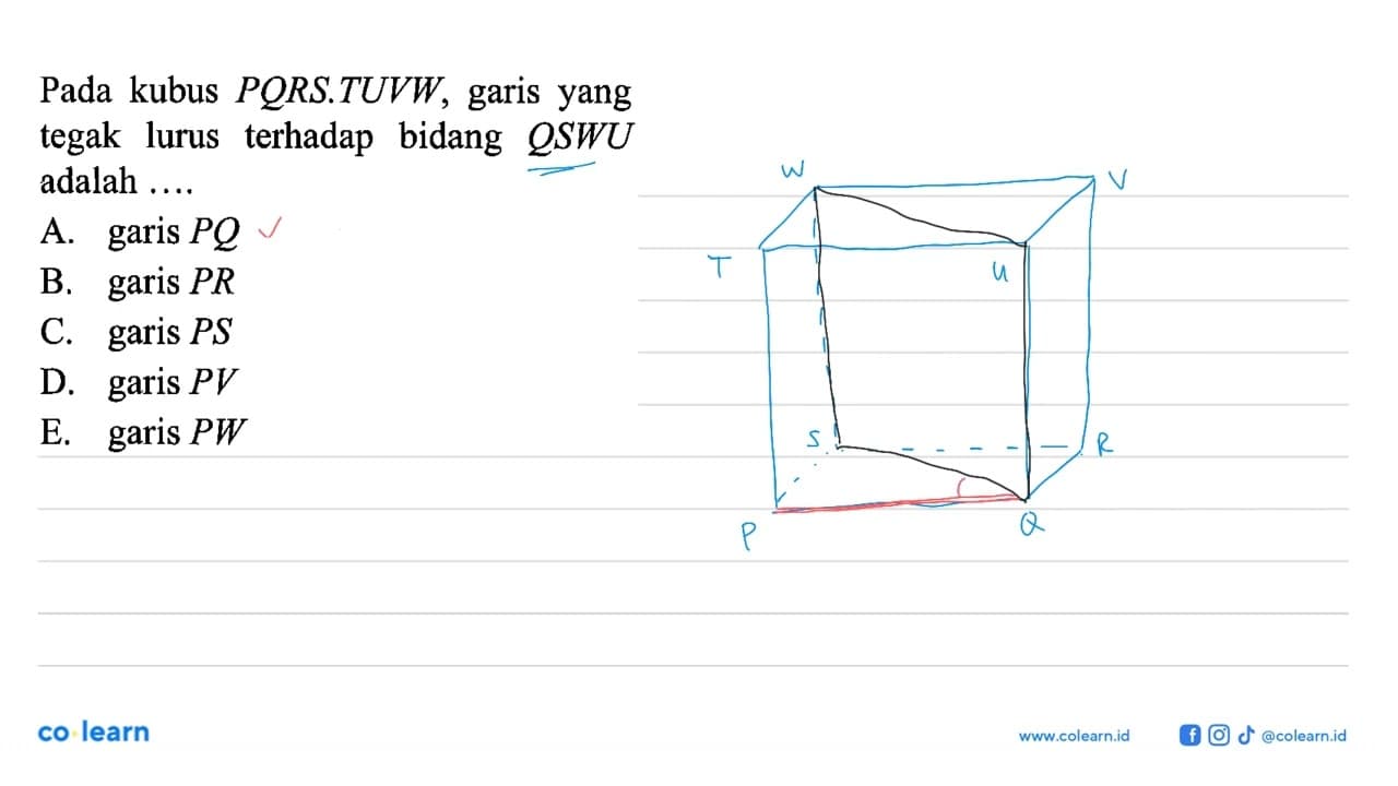 Pada kubus PORS.TUVW, garis yang tegak lurus terhadap