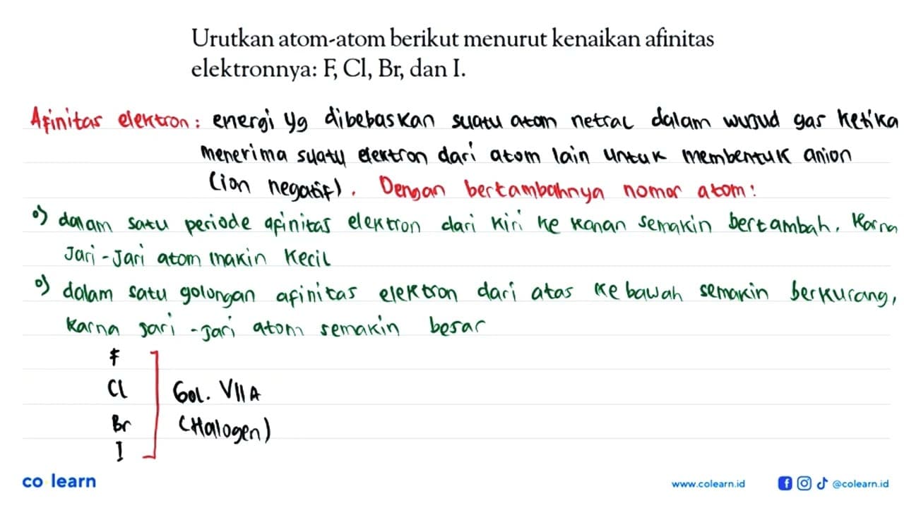 Urutkan atom-atom berikut menurut kenaikan afinitas