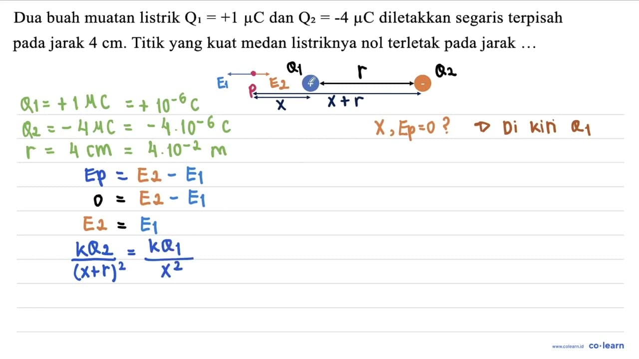 Dua buah muatan listrik Q_(1)=+1 mu C dan Q_(2)=-4 mu C