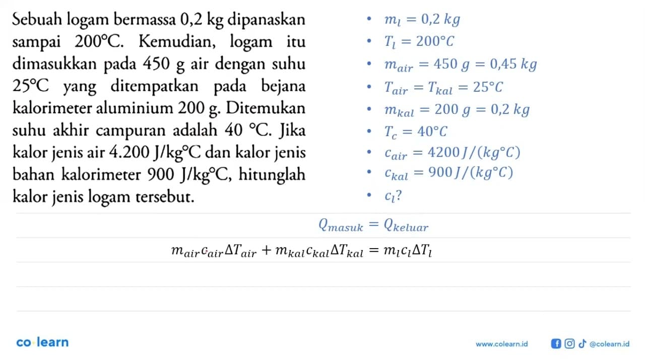 Sebuah logam bermassa 0,2 kg dipanaskan sampai 200 C.